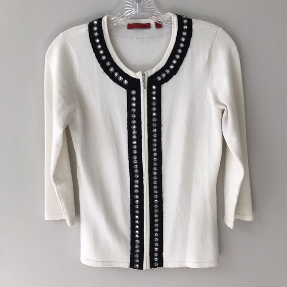 Ivory White Cardigan Black Trim Jeweled Rhinestone Sweater Small - Picture 1 of 6